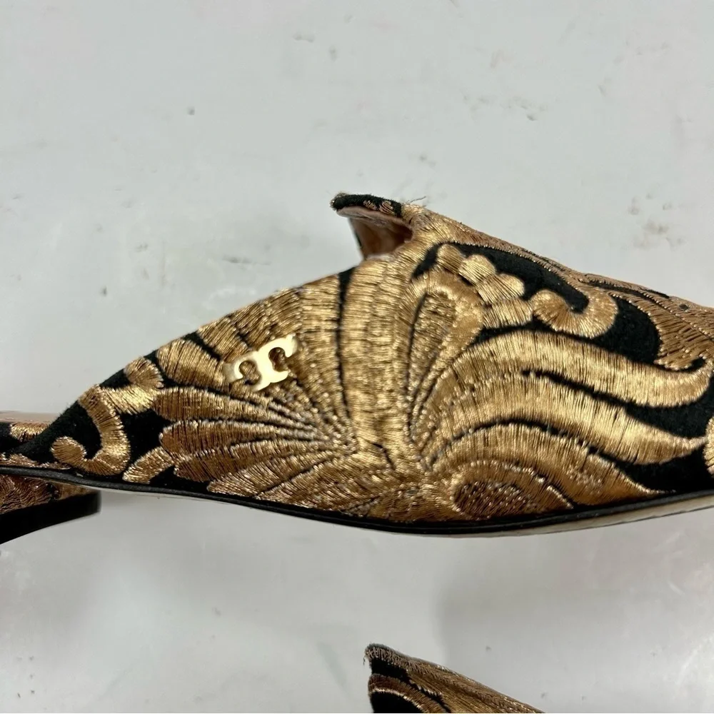 Tory Burch Carlotta Naya Brocade Embroidered Mules Gold Size 6
